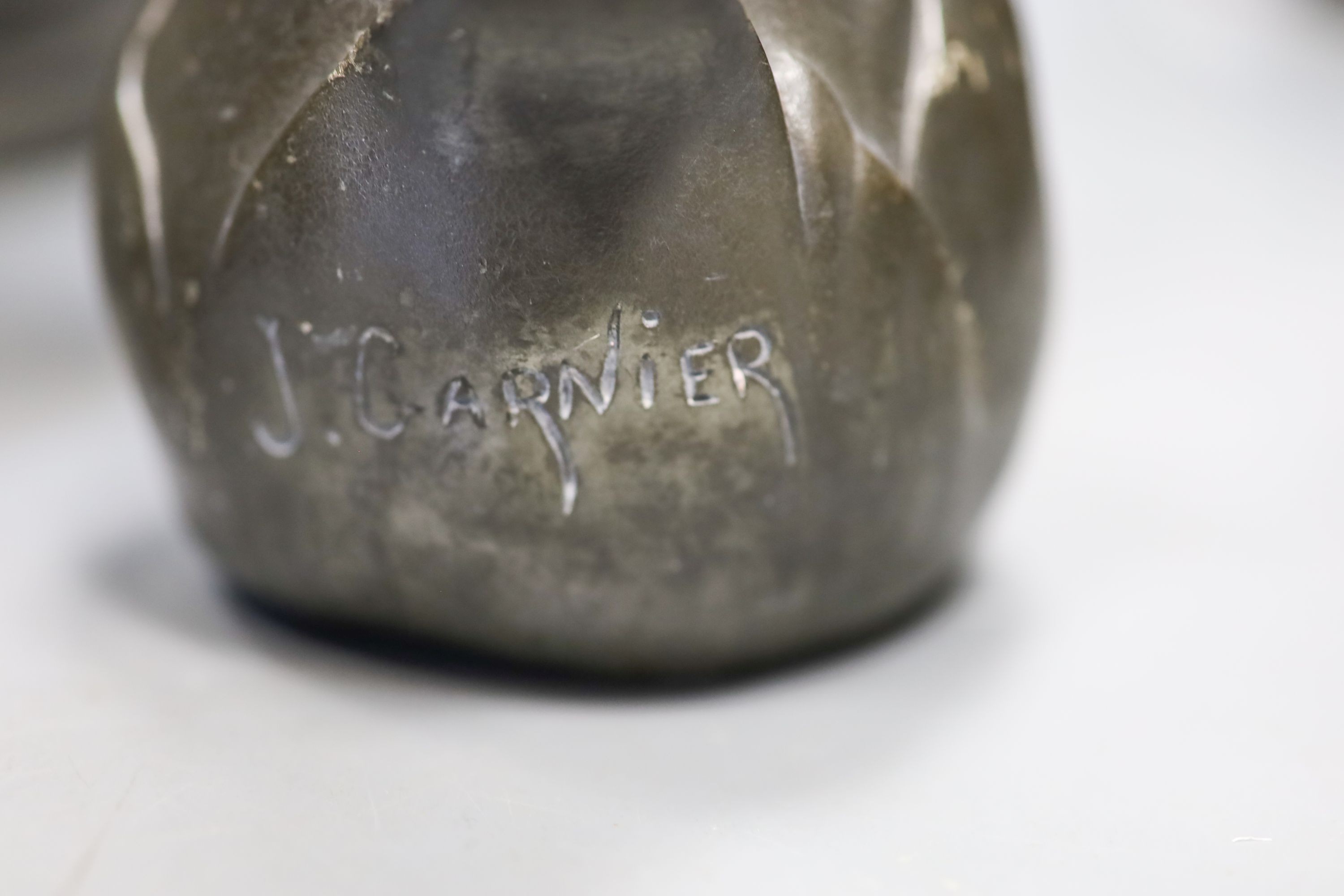 J Garnier - cast pewter jug in Art Nouveau style, Two Liberty's Tudric hammered pewter items and two other pewter wares